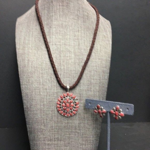 Chaps Necklace Earrings Set As Is Pierced Marbled Red Brown Cord Silver BoHo - Picture 1 of 8